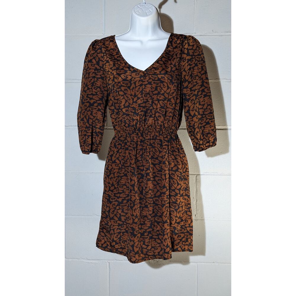 Be Bop Dress Brown Black Geometric Print 3/4 Sleeve A Line Cutout Back Small